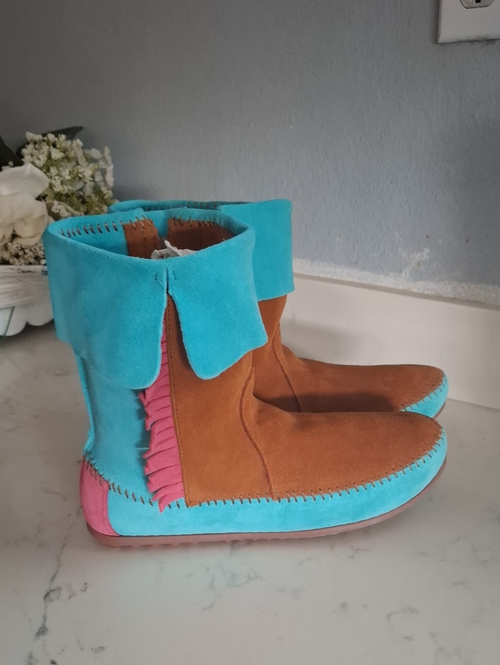 Minnetonka Turquoise, Brown & Pink Suede Ankle Booties